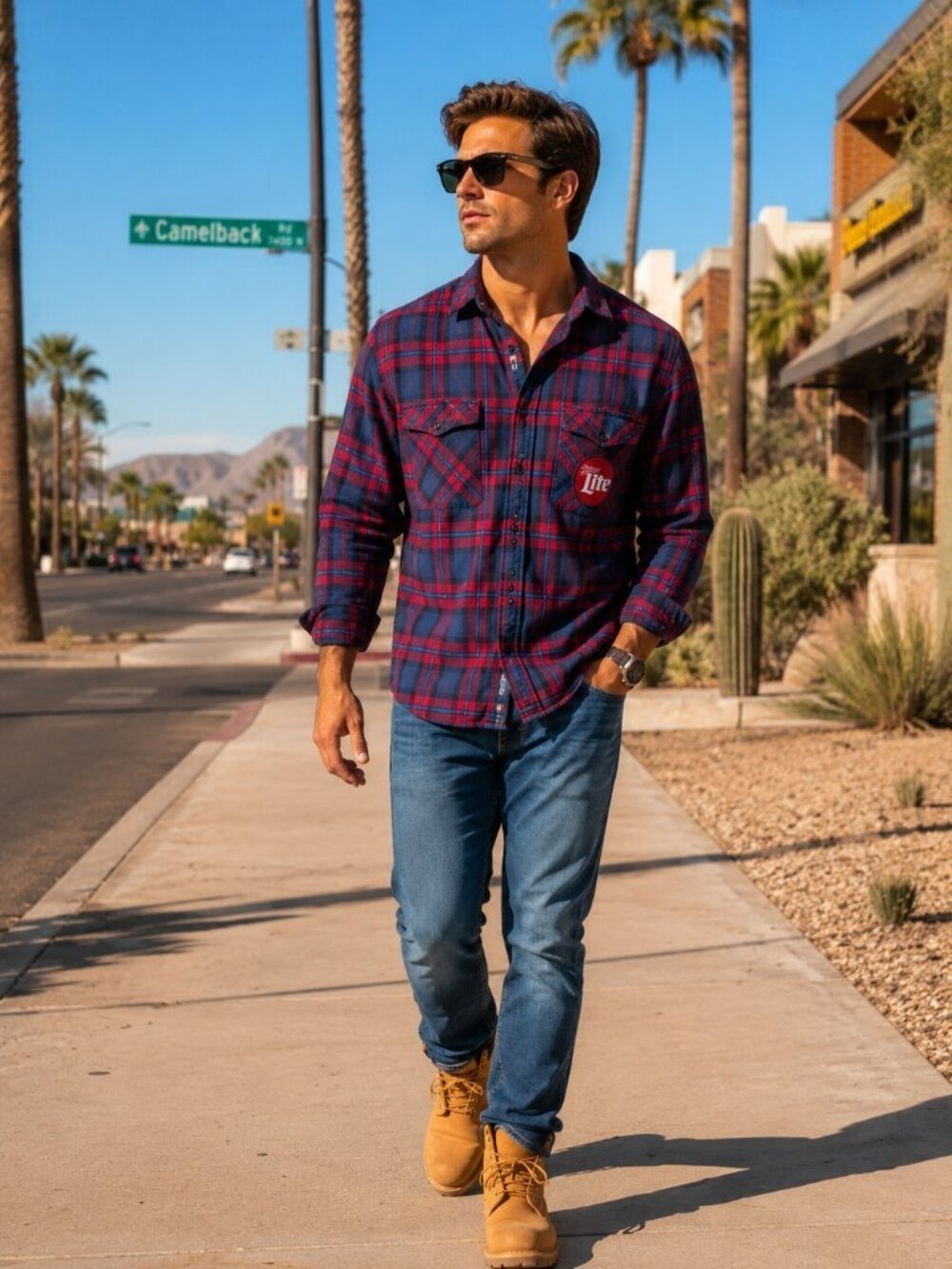 Miller Lite Plaid Flannel Shirt Mens M/L Blue Red Long Sleeve Beer Button Up